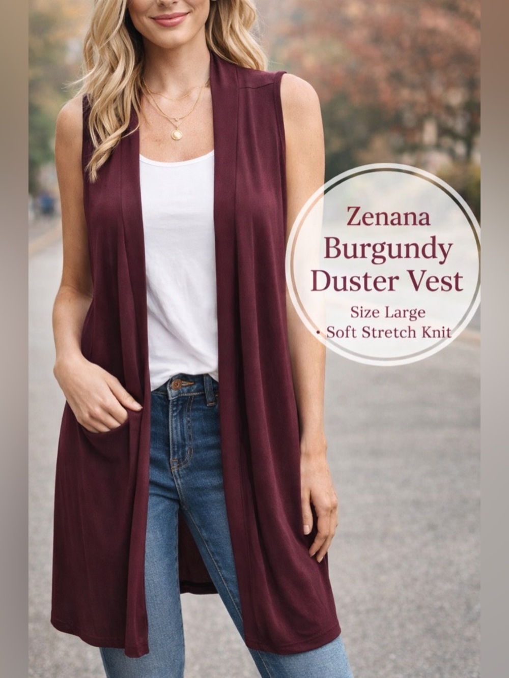 Zenana Burgundy Sleeveless Open Front Duster Cardigan Vest Size Large